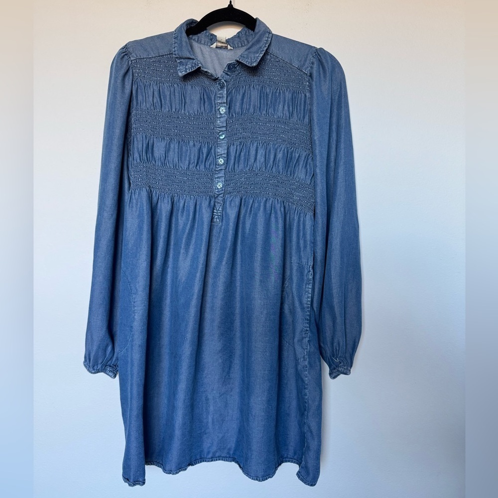 Cato Chambray Denim Smocked Cottagecore Prairie Boho Chic Mini Dress Size Medium